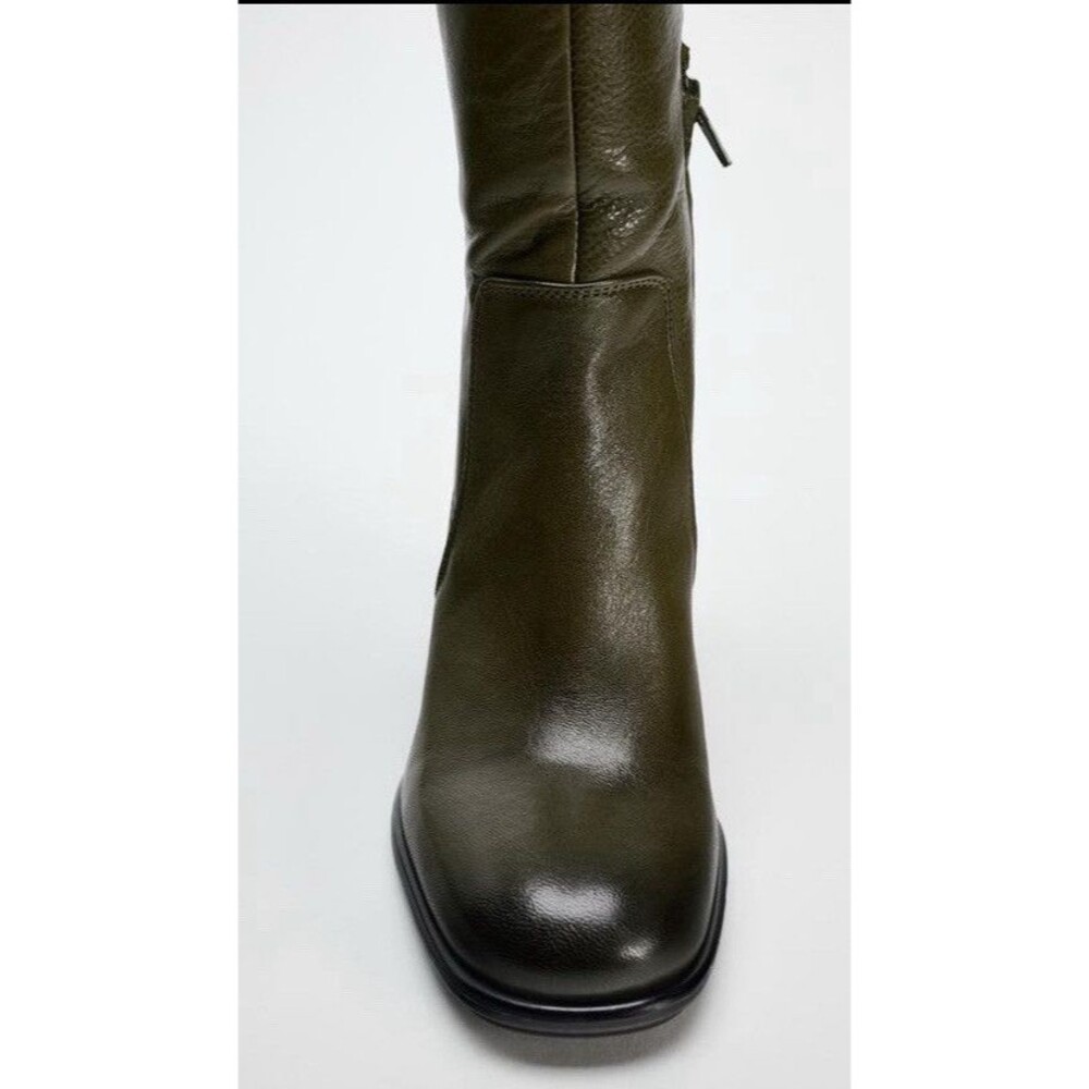 ZARA NEW WOMAN KNEE HIGH WIDE-LEG LEATHER HIGH-HEEL BOOTS GREEN SIZE 8 1016/410 - Picture 3 of 16